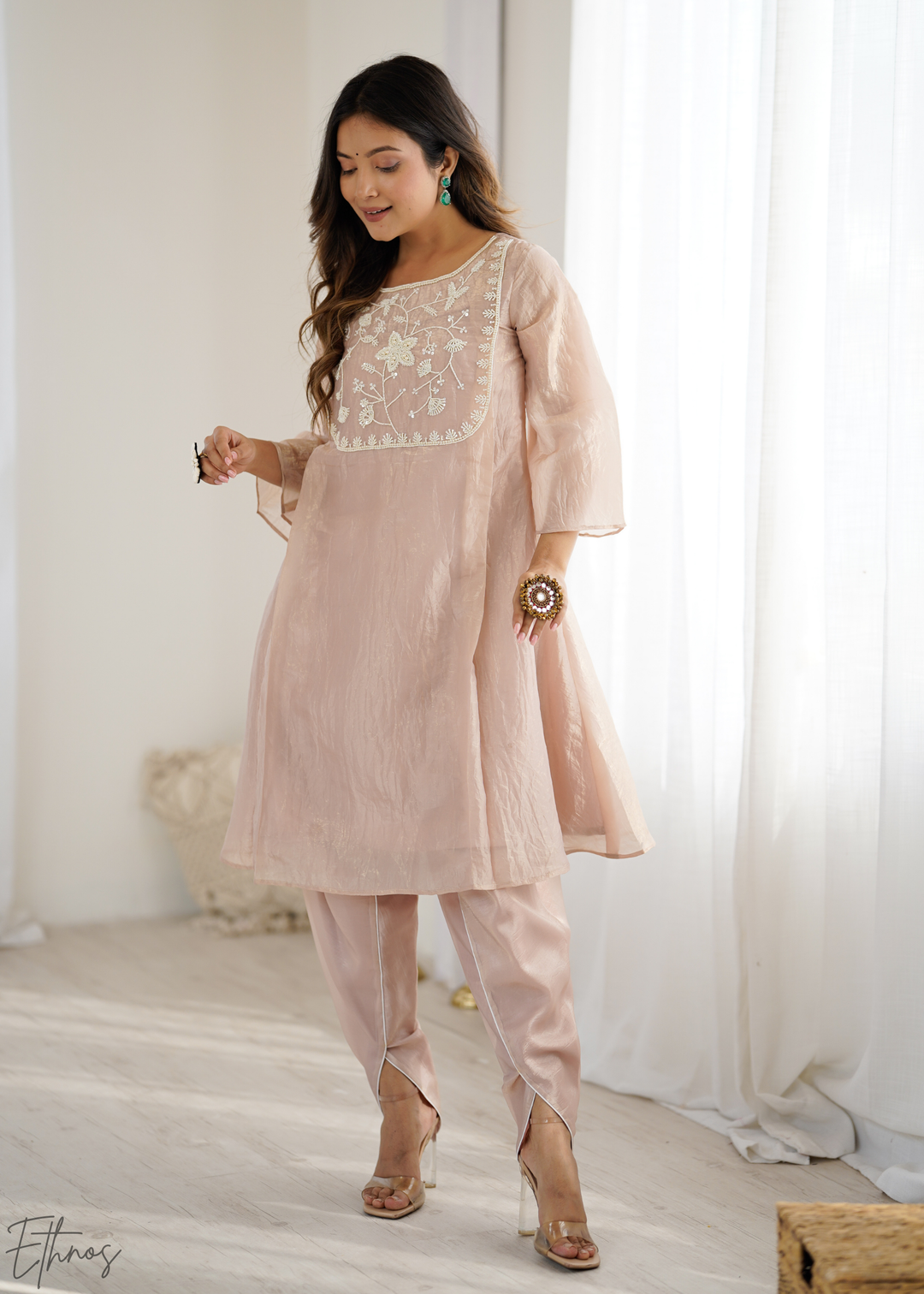 Champagne Pink Yoke-Embroidered Frock Kurti Dhoti Set