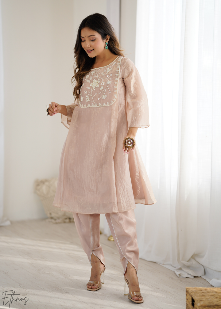 Champagne Pink Yoke-Embroidered Frock Kurti Dhoti Set