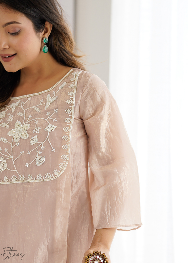 Champagne Pink Yoke-Embroidered Frock Kurti Dhoti Set