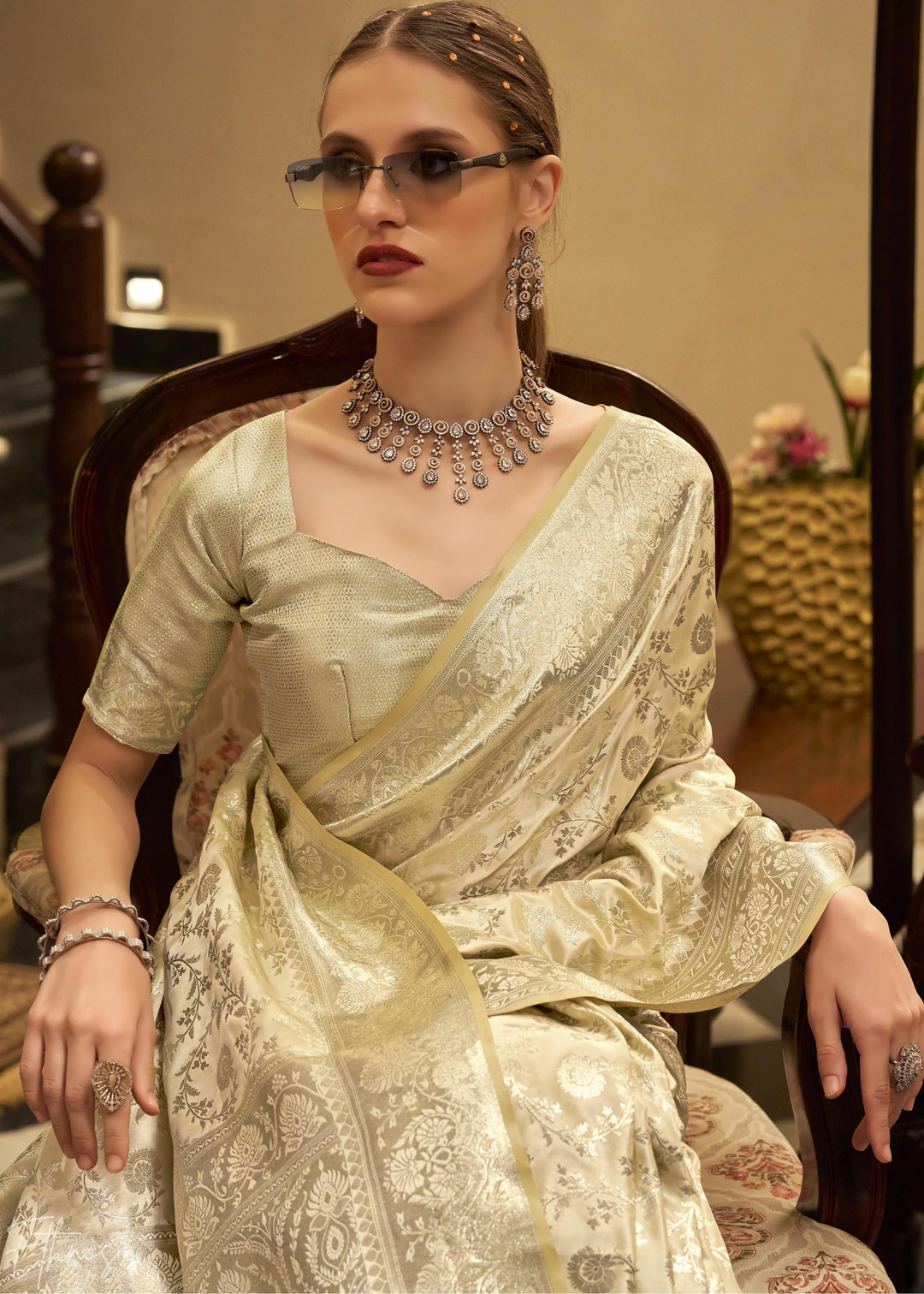 Champagne Rose Iridescent Woven Satin Silk Saree
