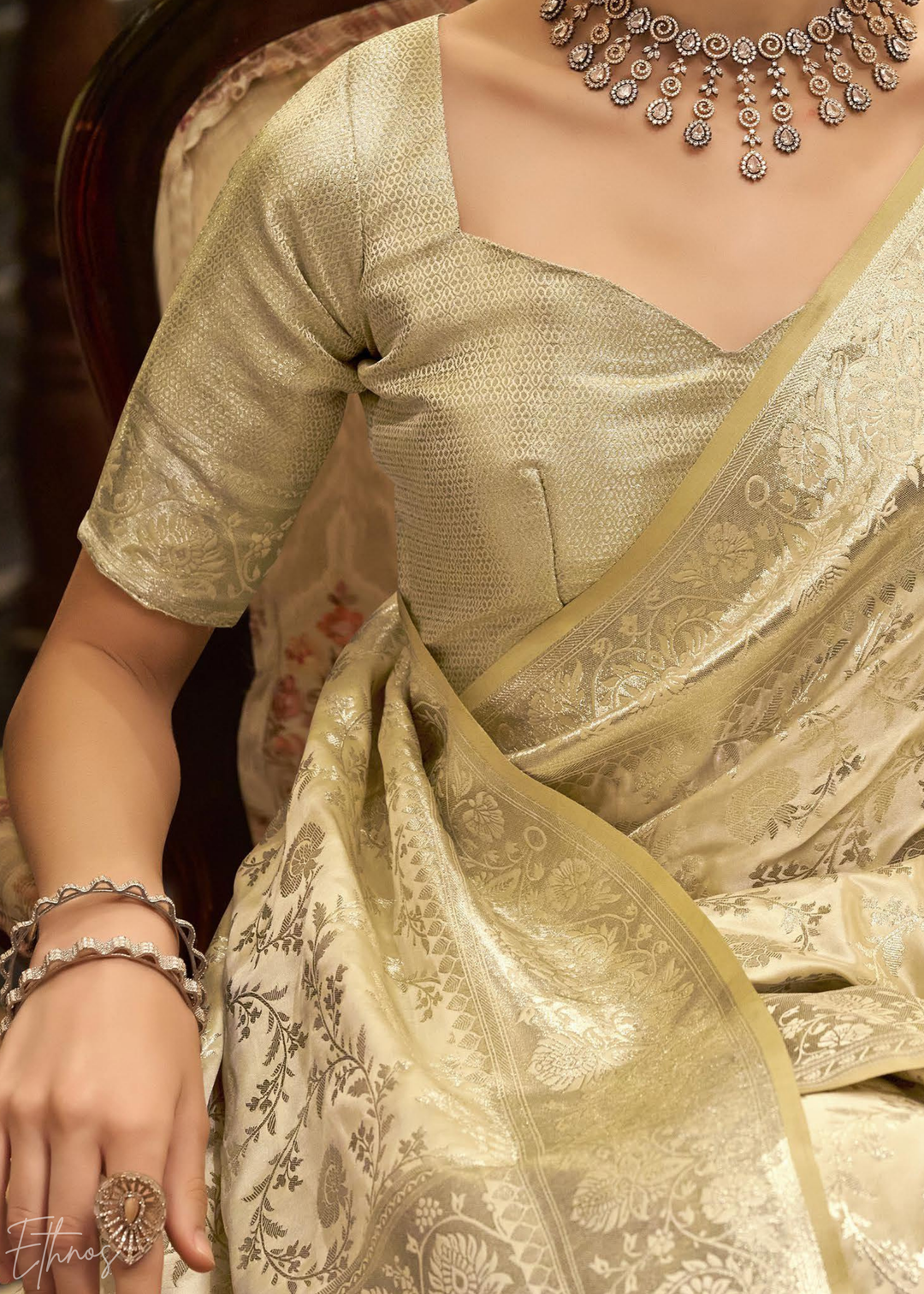 Champagne Rose Iridescent Woven Satin Silk Saree