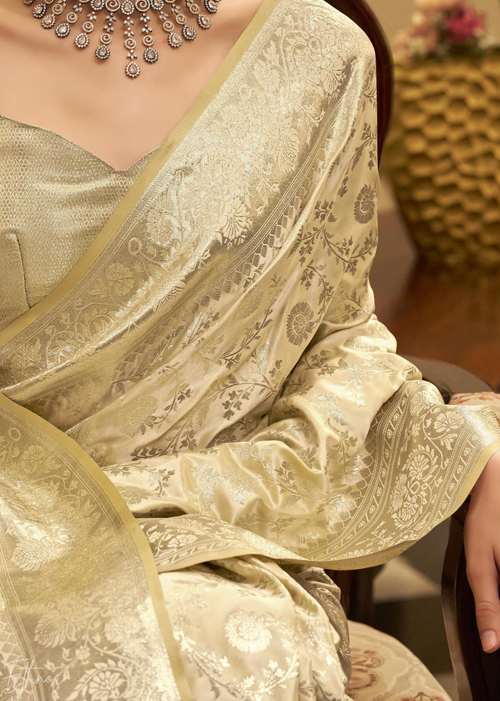 Champagne Rose Iridescent Woven Satin Silk Saree