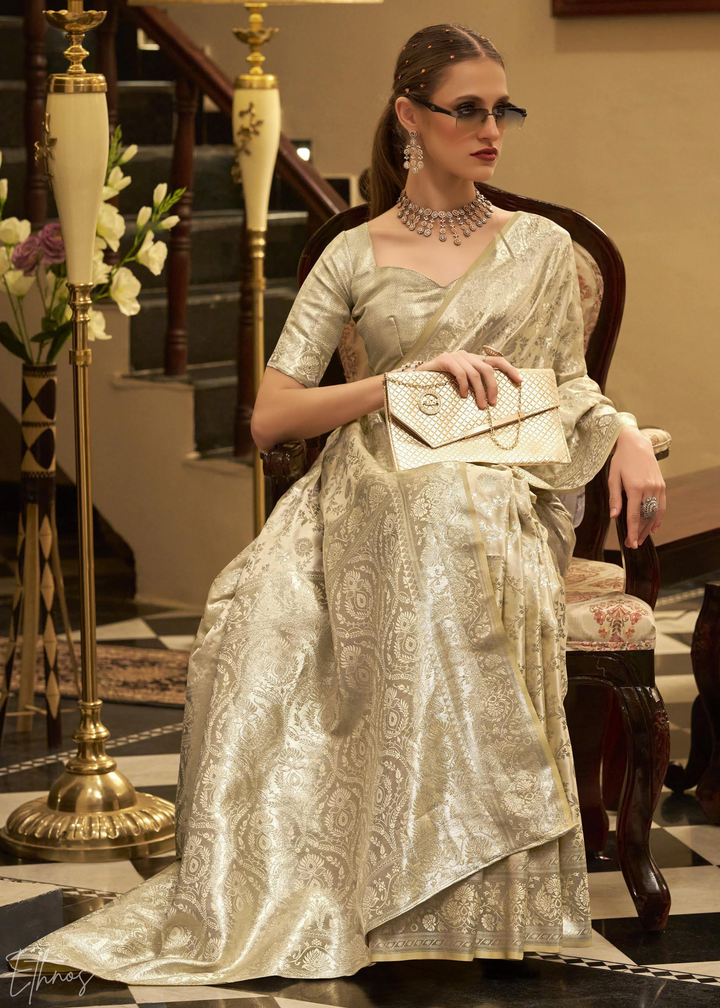 Champagne Rose Iridescent Woven Satin Silk Saree