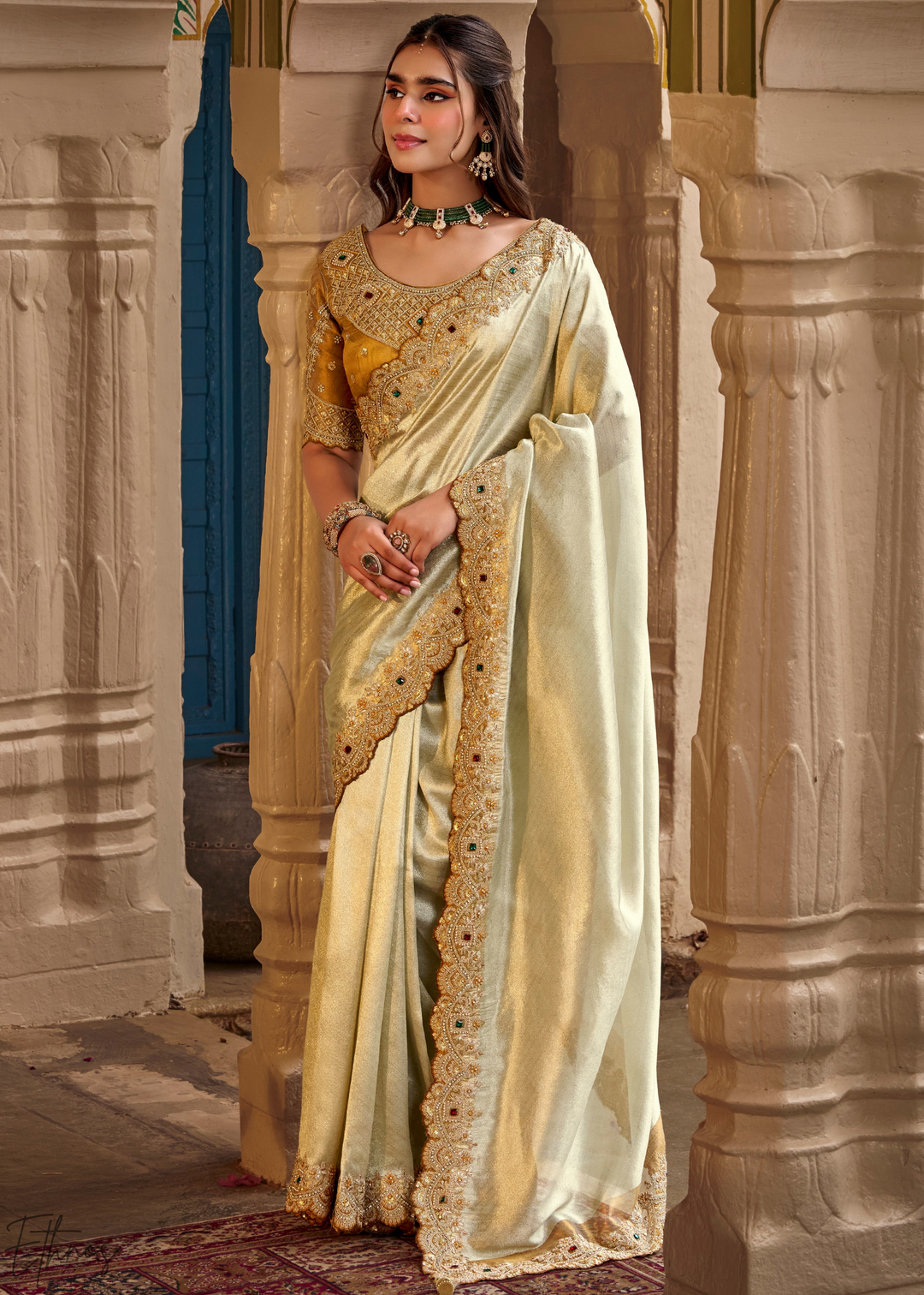 Champagne Silver Scallop Border Embroidered Silk Saree