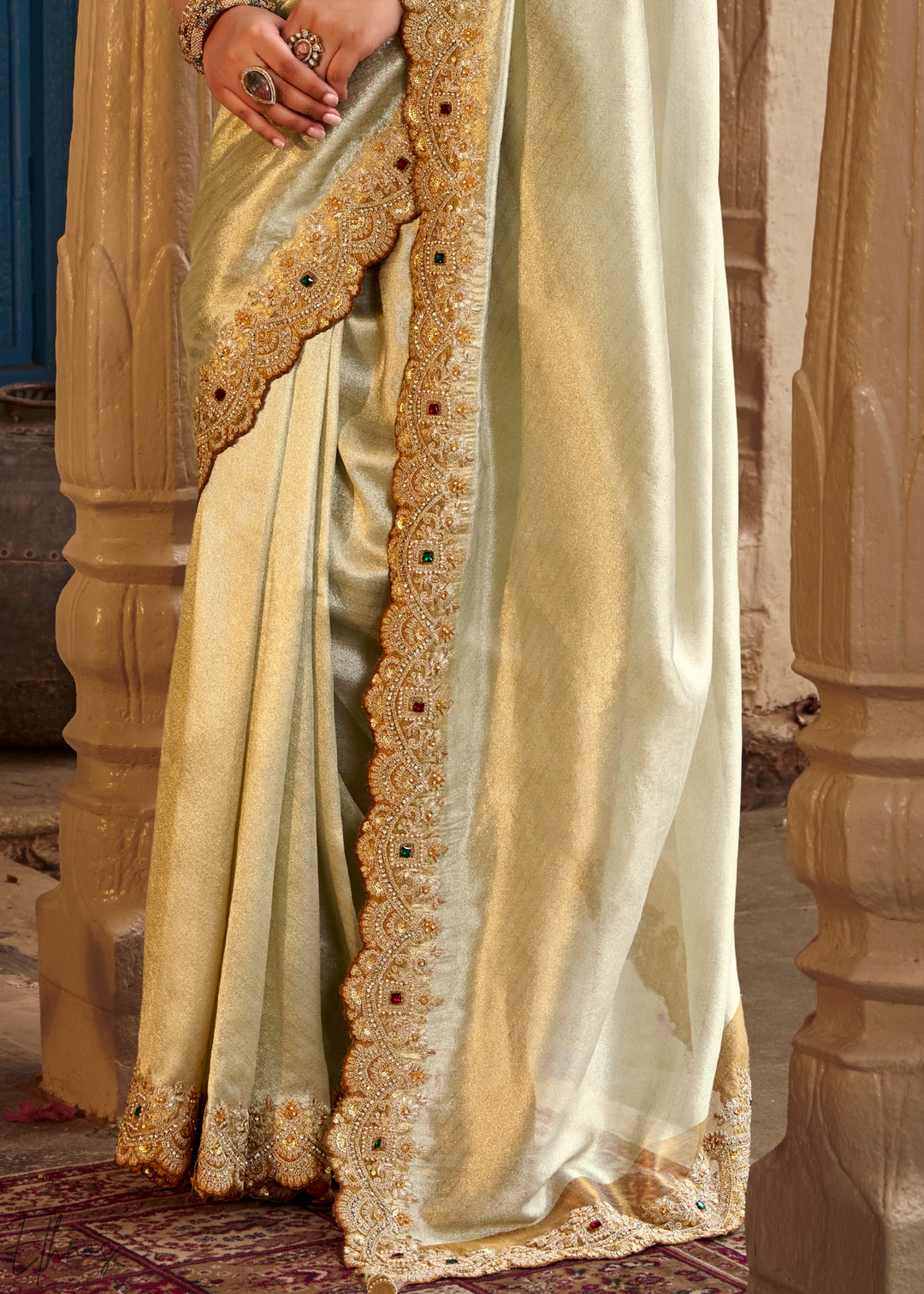 Champagne Silver Scallop Border Embroidered Silk Saree