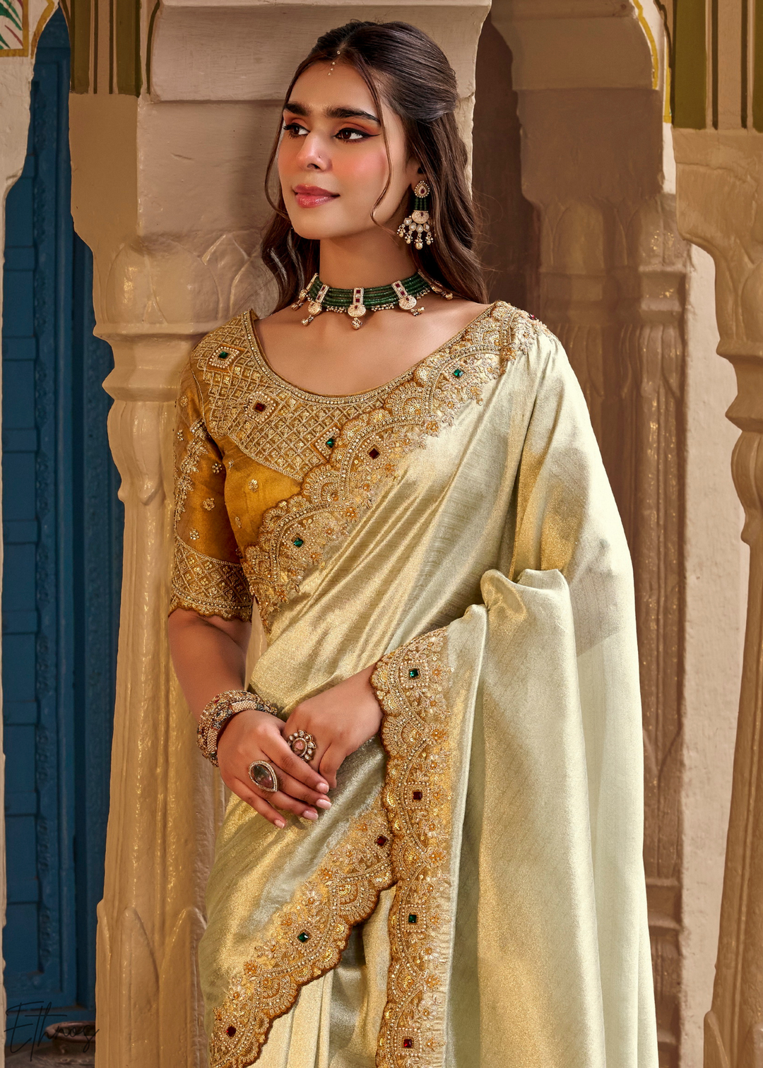 Champagne Silver Scallop Border Embroidered Silk Saree