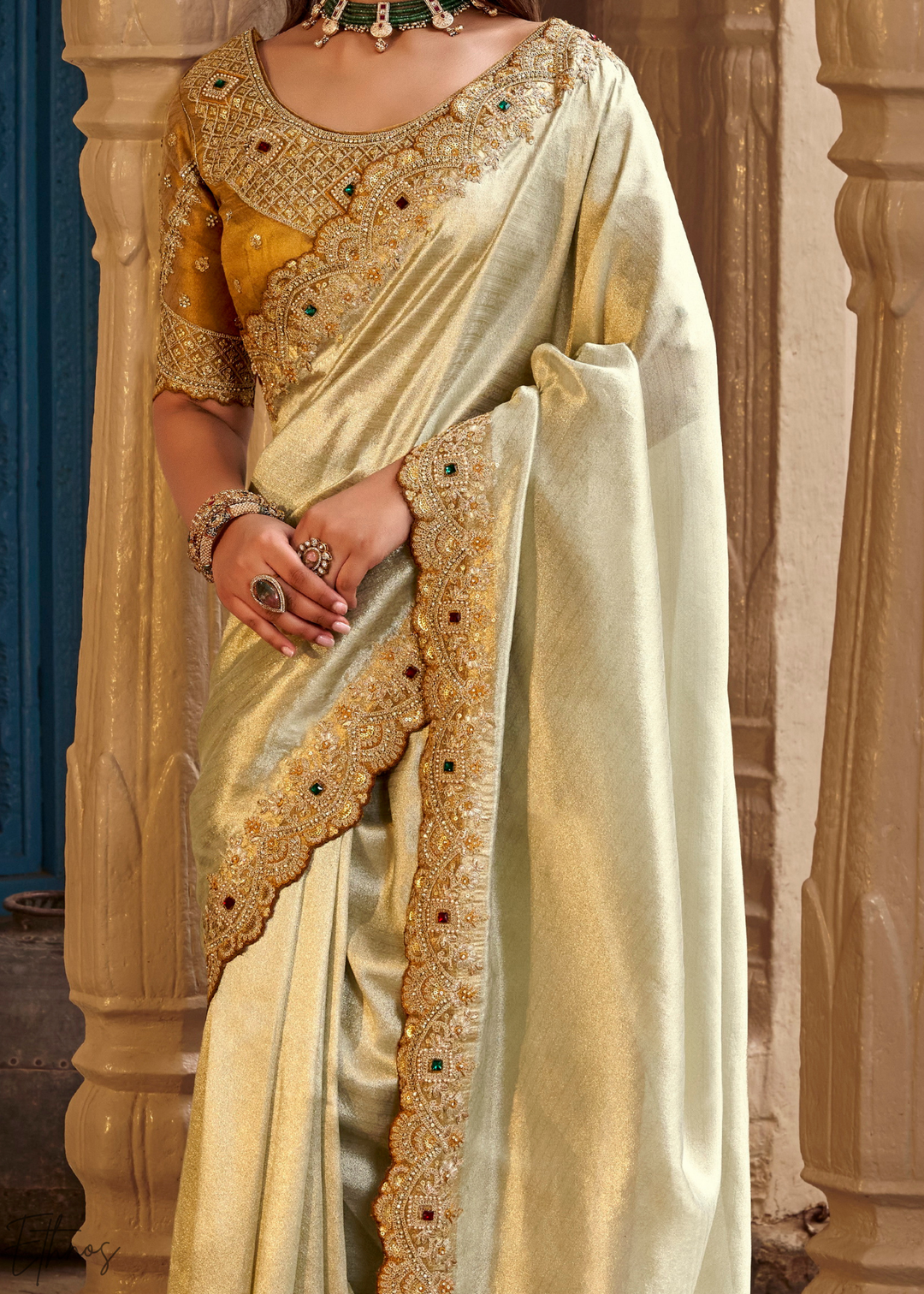Champagne Silver Scallop Border Embroidered Silk Saree