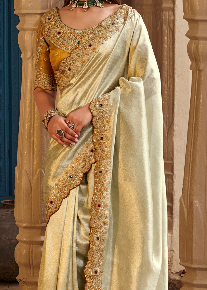 Champagne Silver Scallop Border Embroidered Silk Saree