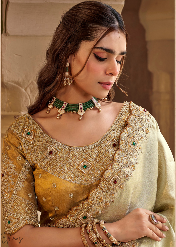 Champagne Silver Scallop Border Embroidered Silk Saree