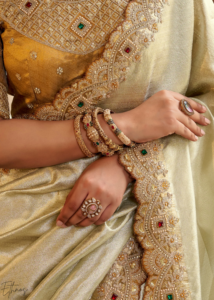 Champagne Silver Scallop Border Embroidered Silk Saree