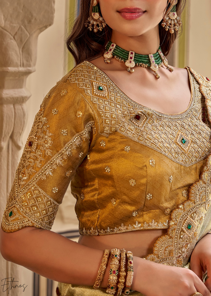 Champagne Silver Scallop Border Embroidered Silk Saree