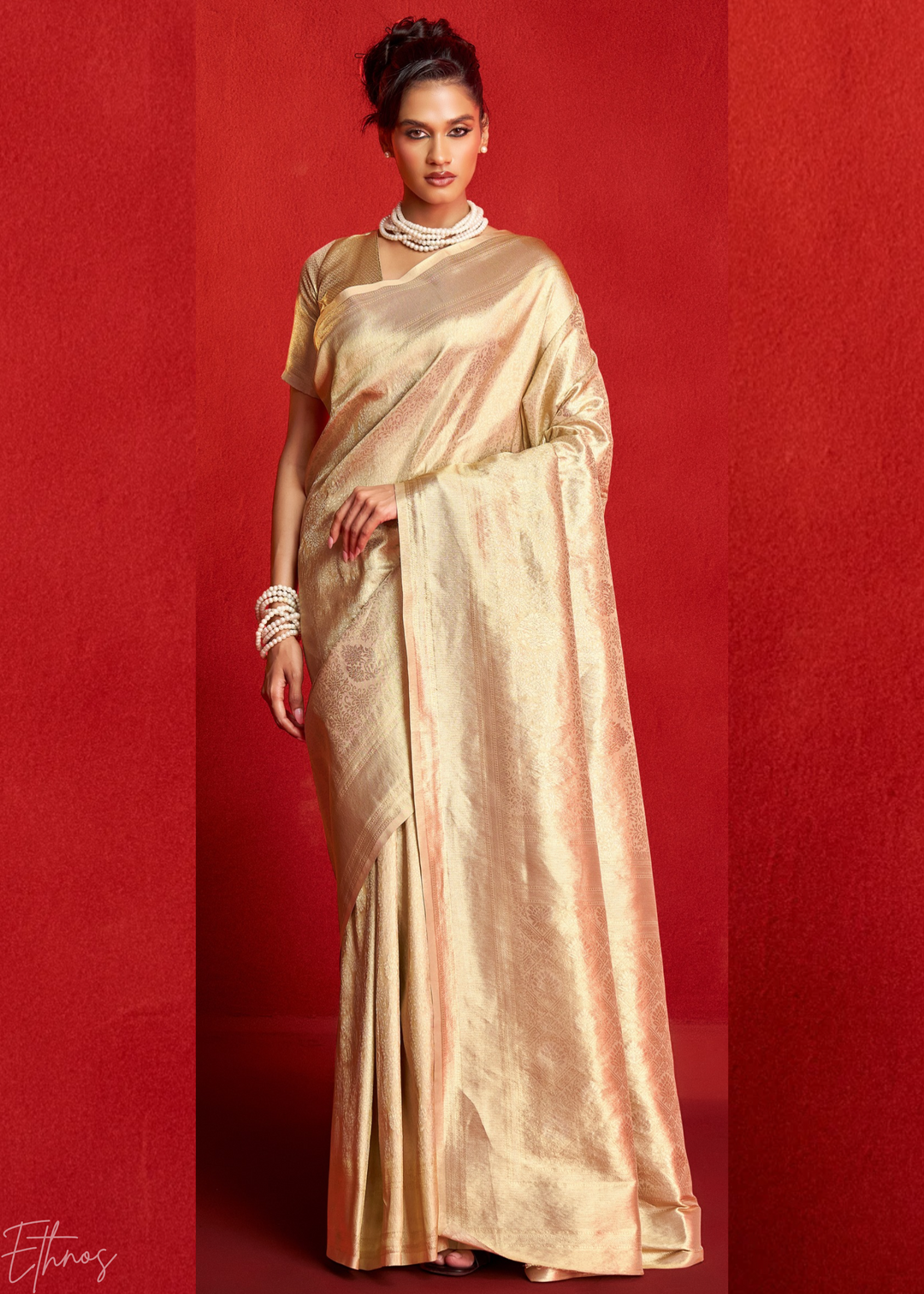 Champagne Gold Kanjeepuram Woven Zari Border Tissue Silk Saree