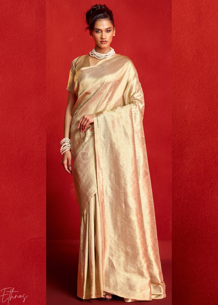 Champagne Gold Kanjeepuram Woven Zari Border Tissue Silk Saree