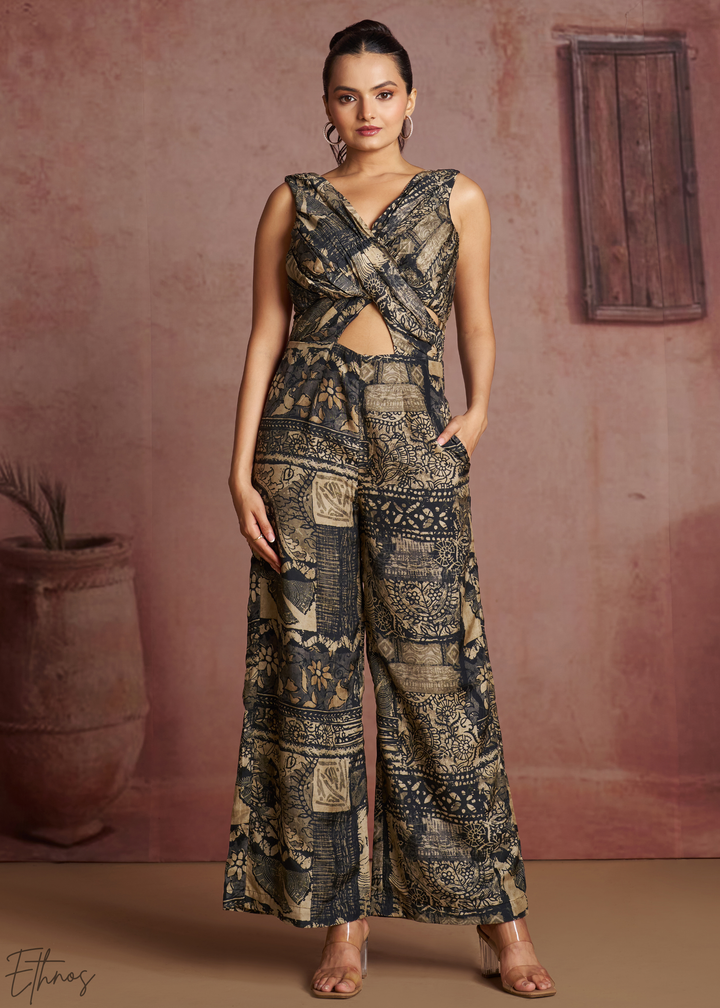 Charcoal Baroque Tapestry Cross Front Jumpsuit Set