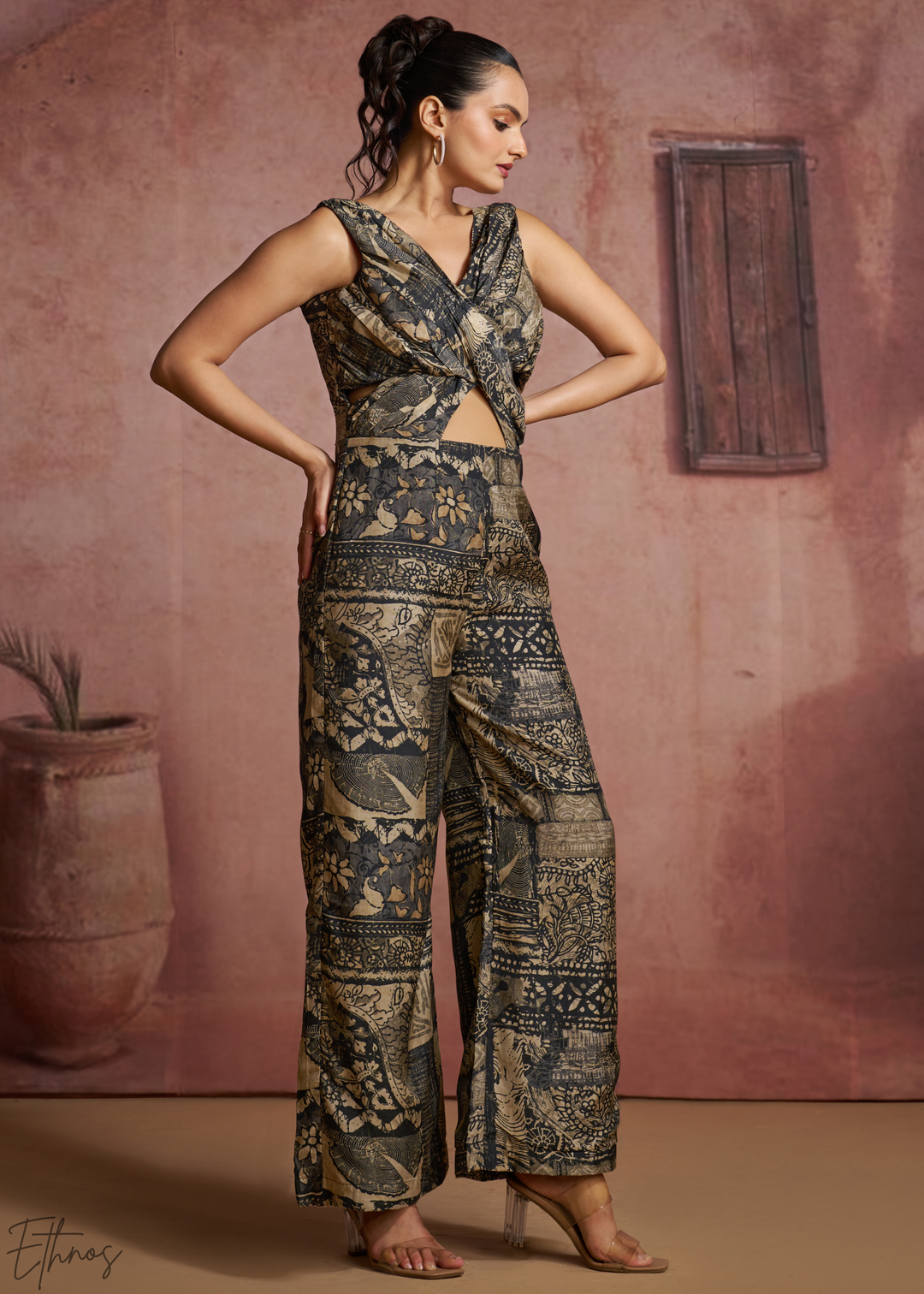 Charcoal Baroque Tapestry Cross Front Jumpsuit Set