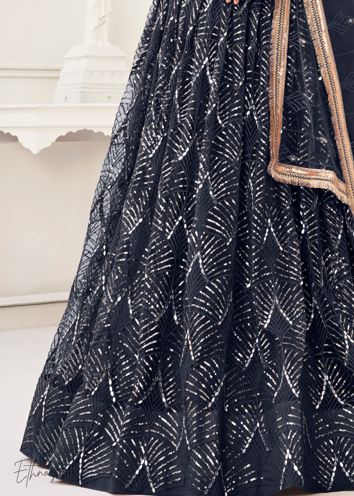 Charcoal Blue Chevron Tiers Net Lehenga