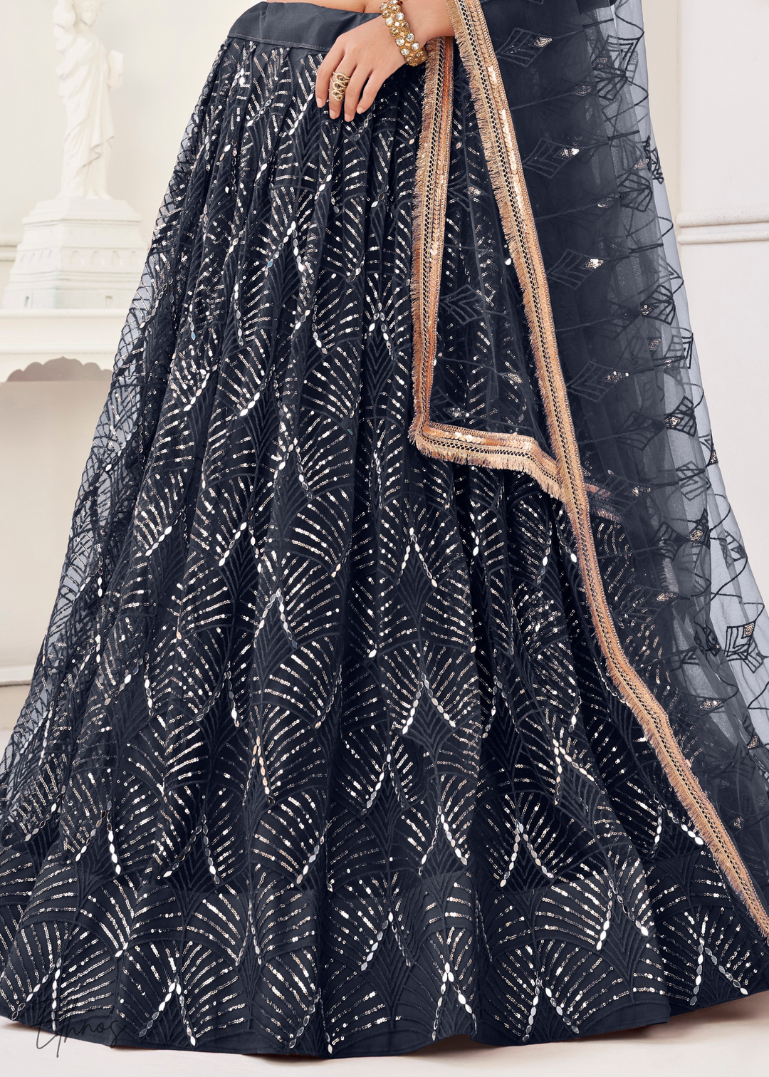 Charcoal Blue Chevron Tiers Net Lehenga