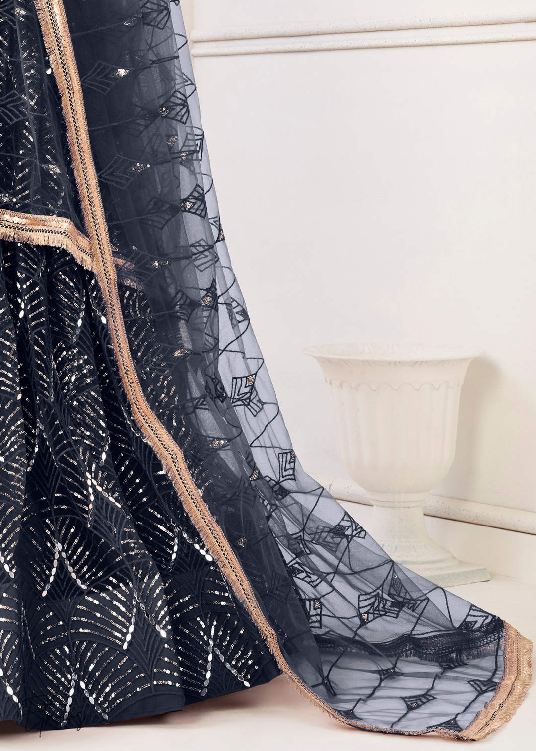 Charcoal Blue Chevron Tiers Net Lehenga