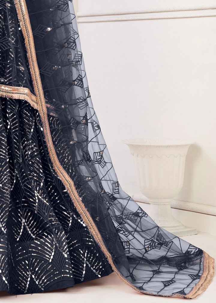 Charcoal Blue Chevron Tiers Net Lehenga