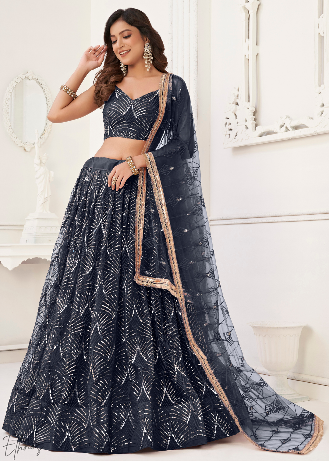 Charcoal Blue Chevron Tiers Net Lehenga