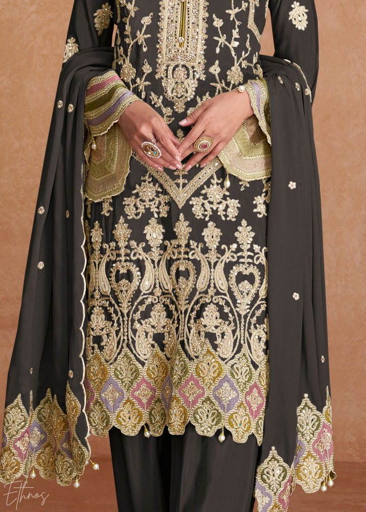 Charcoal Gray Embroidered Chinon Palazzo Suit