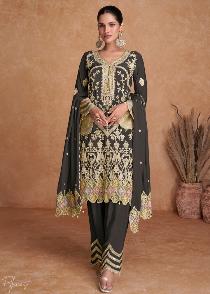 Charcoal Gray Embroidered Chinon Palazzo Suit