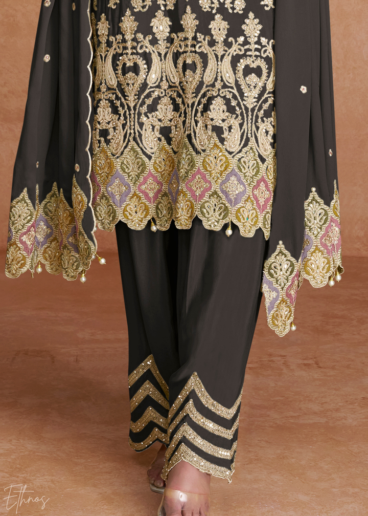 Charcoal Gray Embroidered Chinon Palazzo Suit