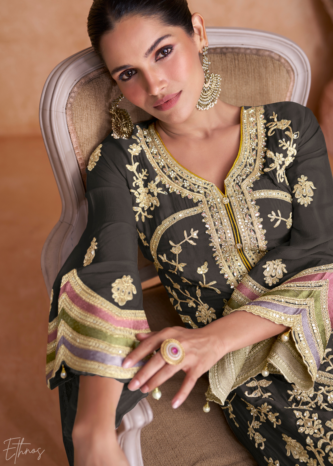 Charcoal Gray Embroidered Chinon Palazzo Suit