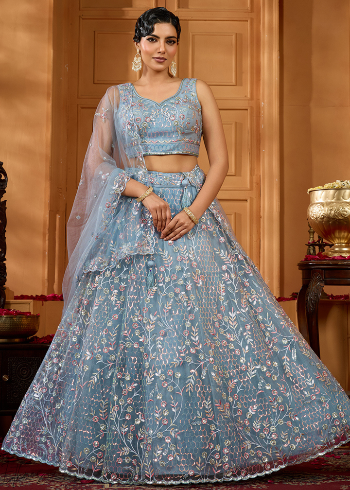 Charcoal Grey Pastel Floral Sequins Embroidered Net Lehenga Choli