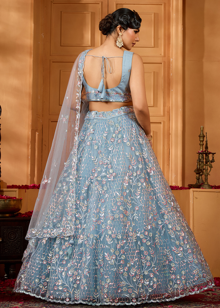 Charcoal Grey Pastel Floral Sequins Embroidered Net Lehenga Choli
