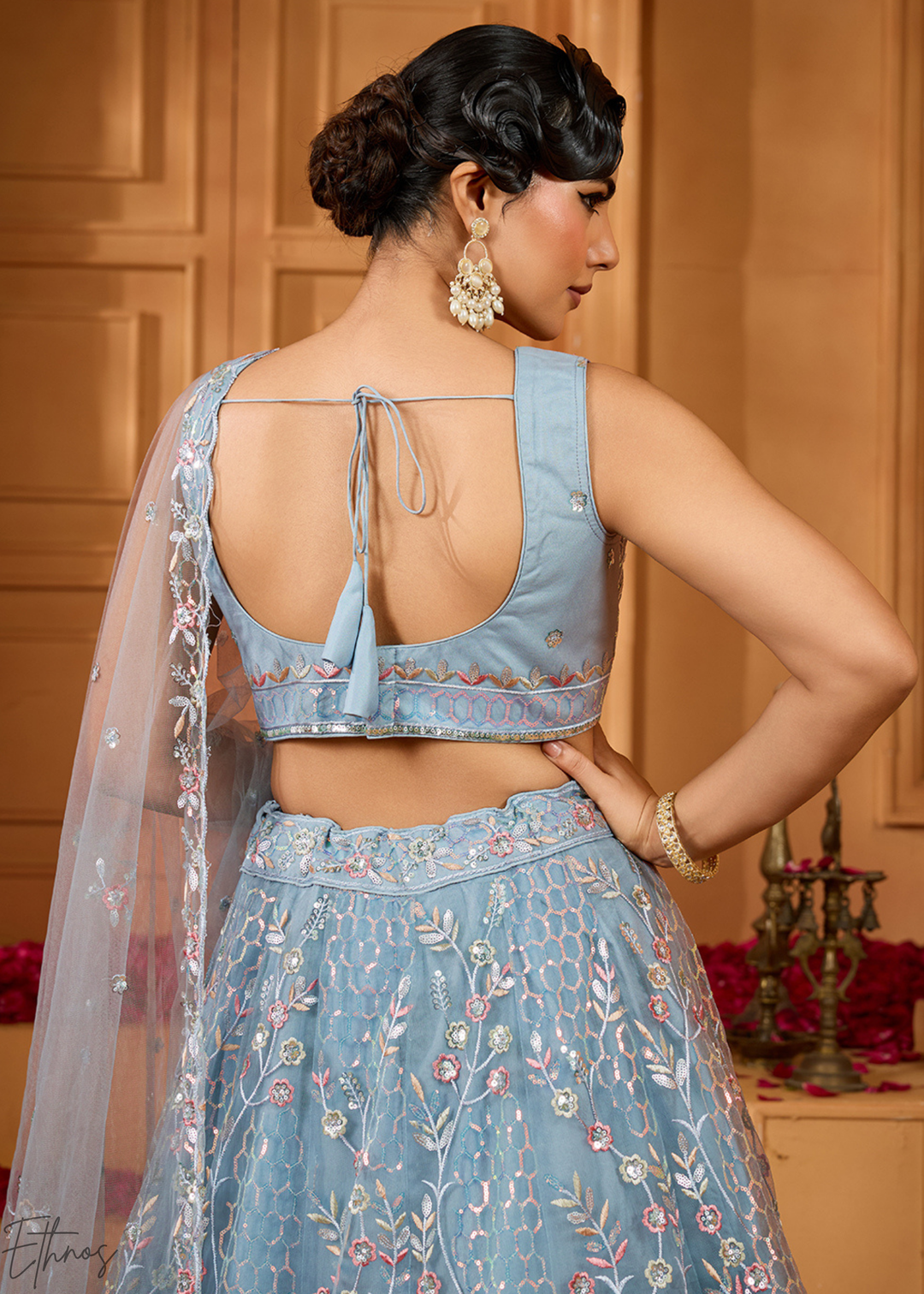 Charcoal Grey Pastel Floral Sequins Embroidered Net Lehenga Choli