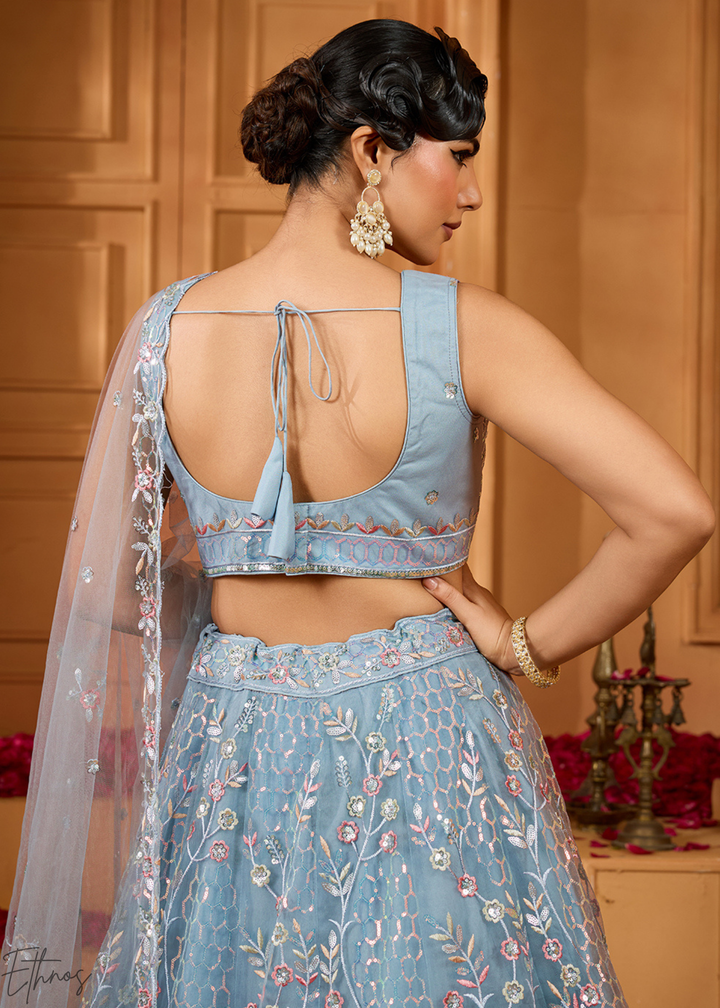 Charcoal Grey Pastel Floral Sequins Embroidered Net Lehenga Choli
