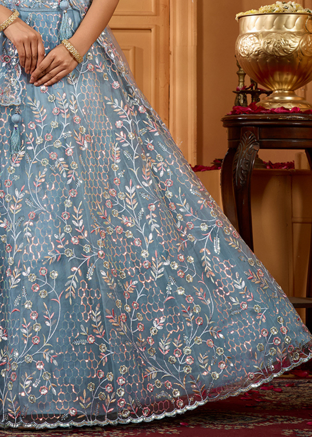 Charcoal Grey Pastel Floral Sequins Embroidered Net Lehenga Choli