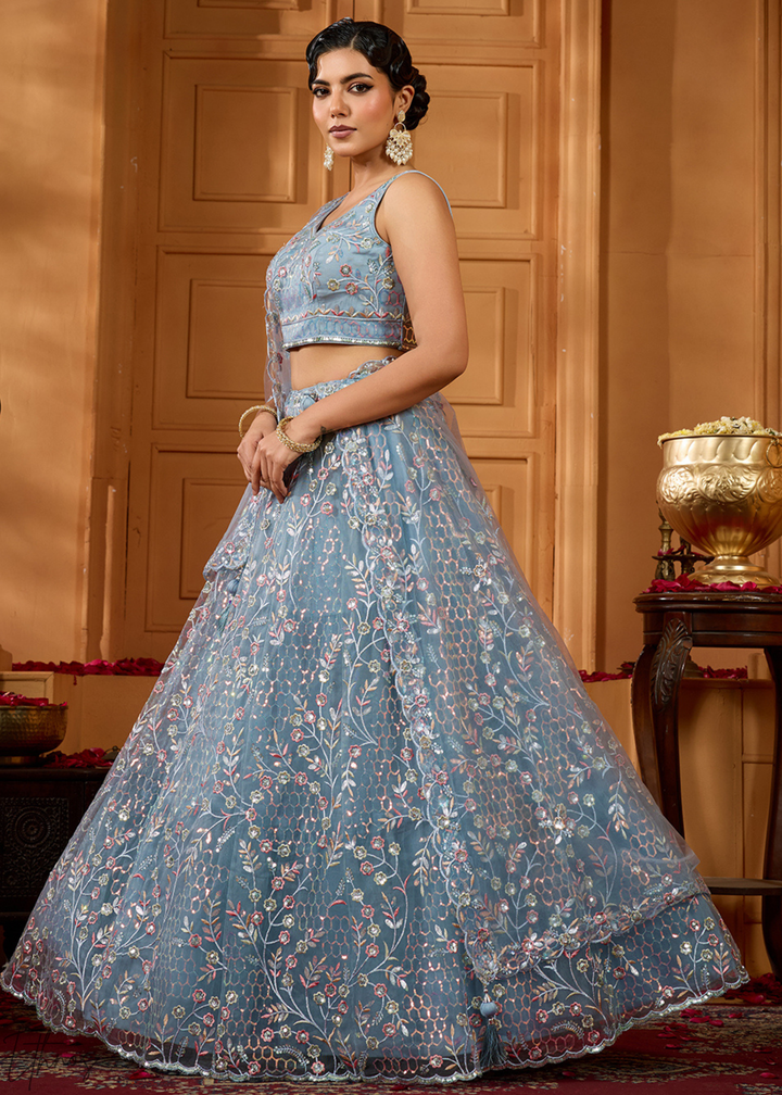 Charcoal Grey Pastel Floral Sequins Embroidered Net Lehenga Choli