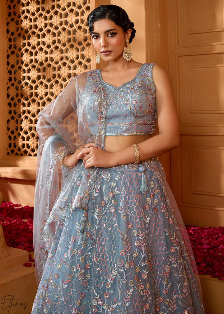 Charcoal Grey Pastel Floral Sequins Embroidered Net Lehenga Choli