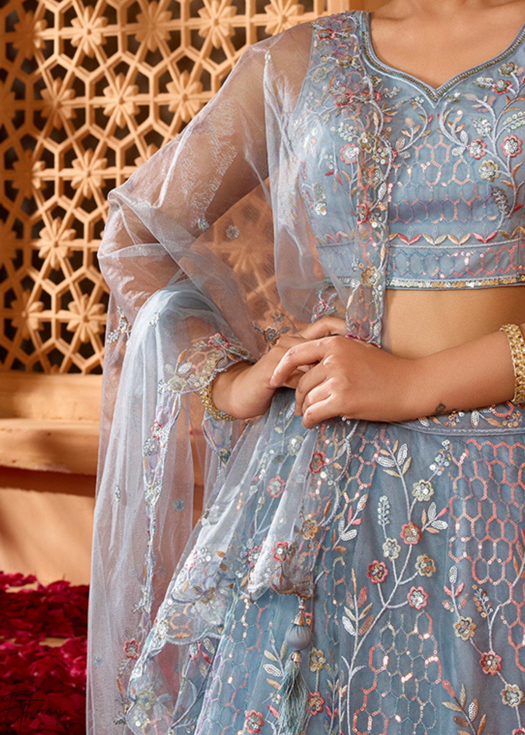Charcoal Grey Pastel Floral Sequins Embroidered Net Lehenga Choli