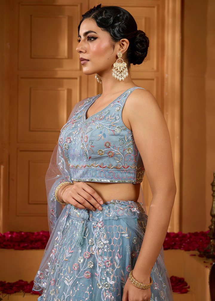 Charcoal Grey Pastel Floral Sequins Embroidered Net Lehenga Choli