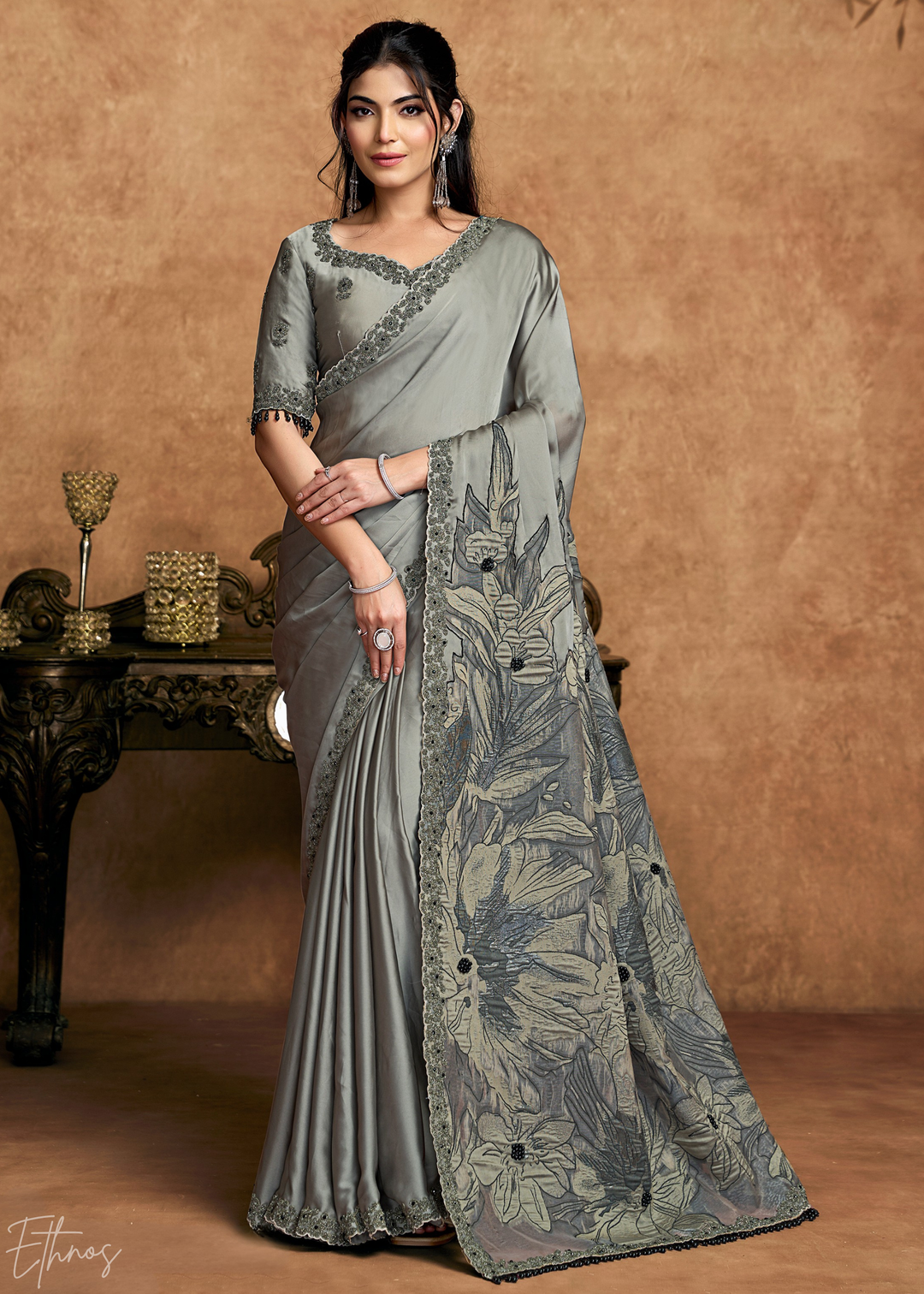 Charcoal Grey Sequin Embroidered Satin Silk  Saree