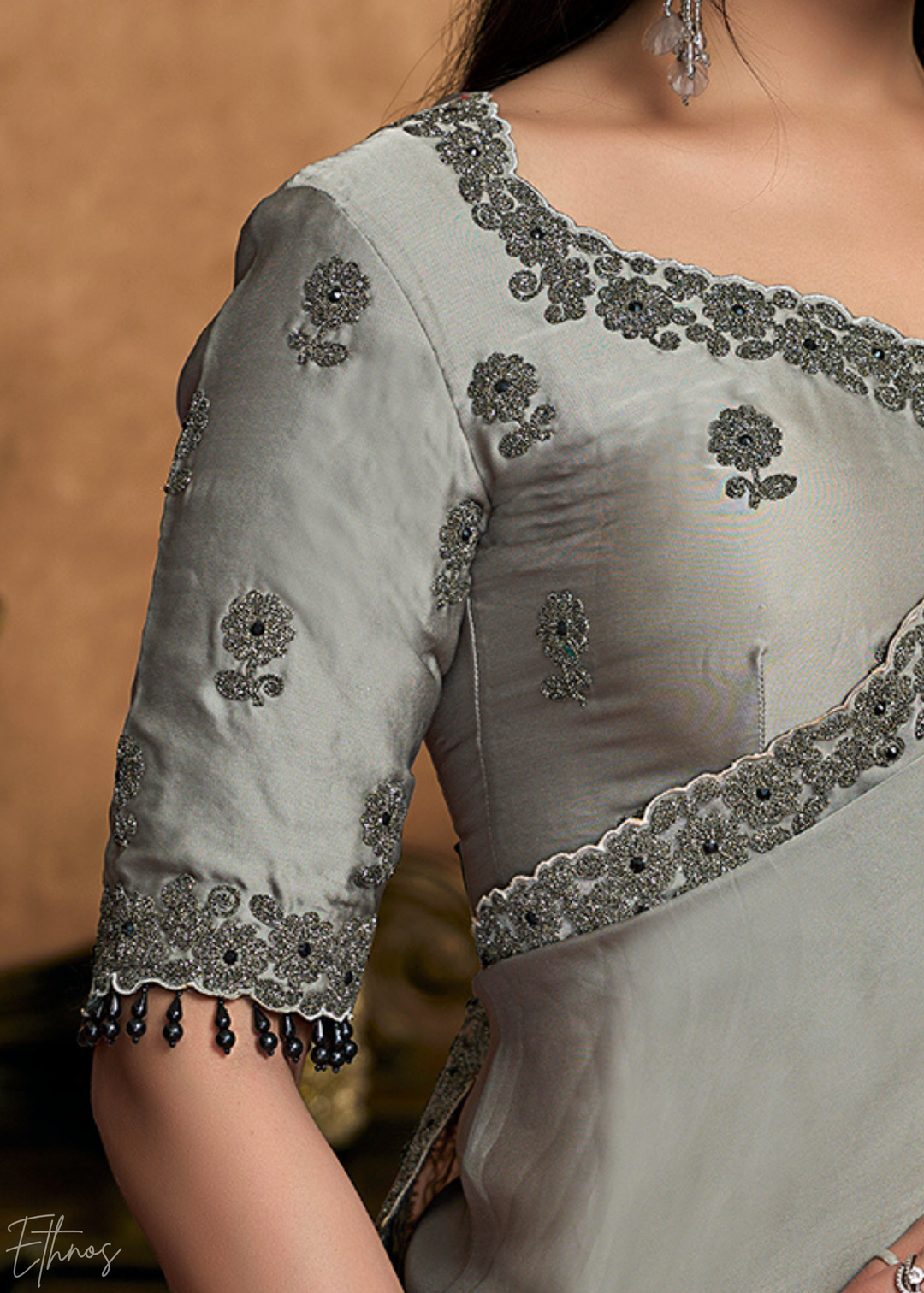 Charcoal Grey Sequin Embroidered Satin Silk  Saree