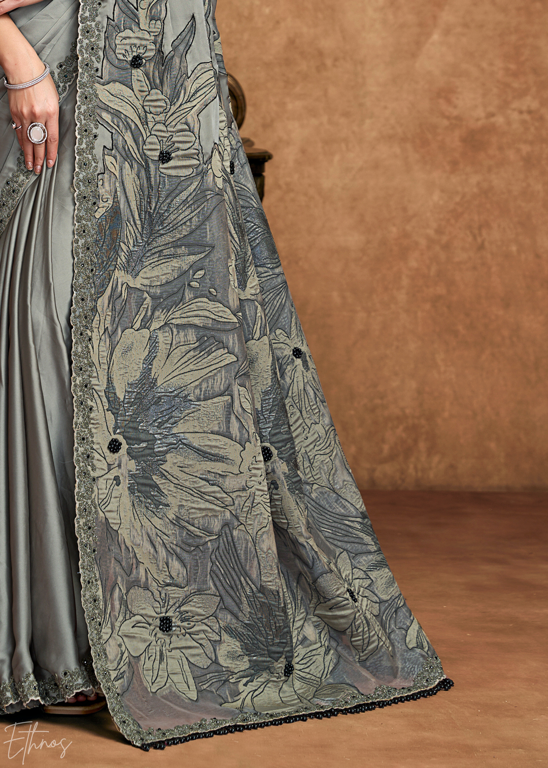 Charcoal Grey Sequin Embroidered Satin Silk  Saree