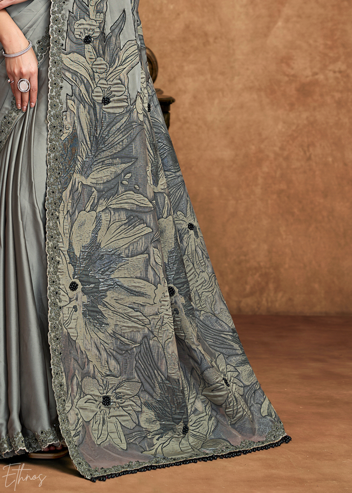 Charcoal Grey Sequin Embroidered Satin Silk  Saree