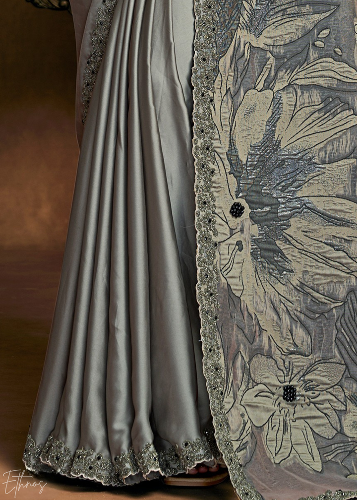 Charcoal Grey Sequin Embroidered Satin Silk  Saree