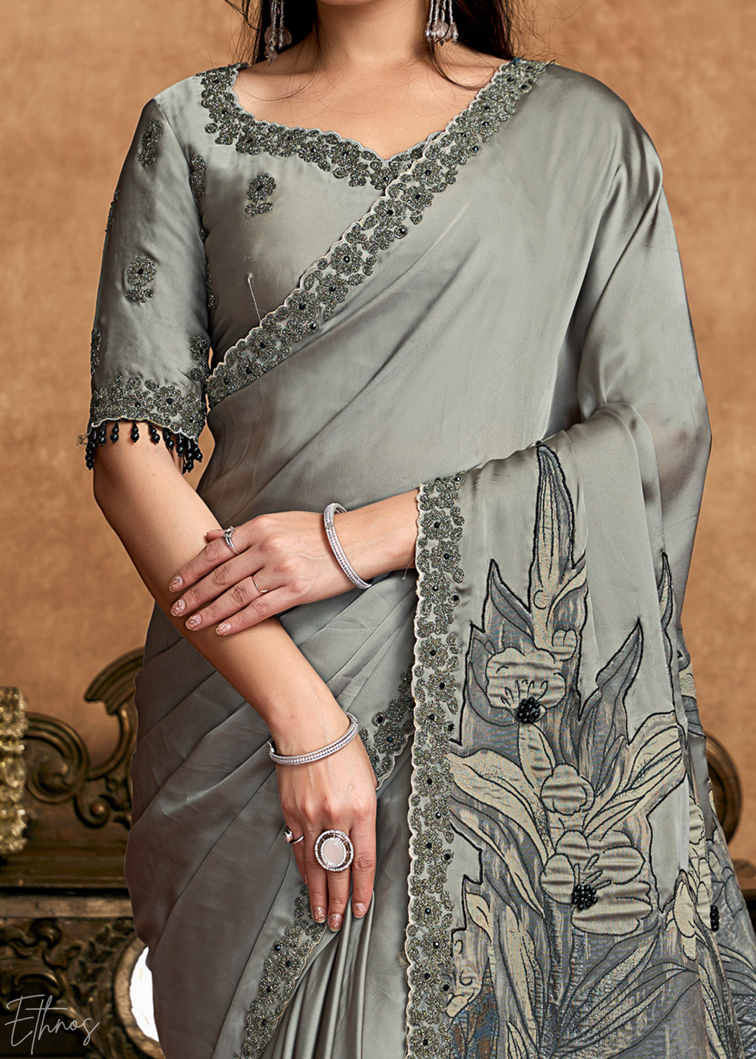 Charcoal Grey Sequin Embroidered Satin Silk  Saree