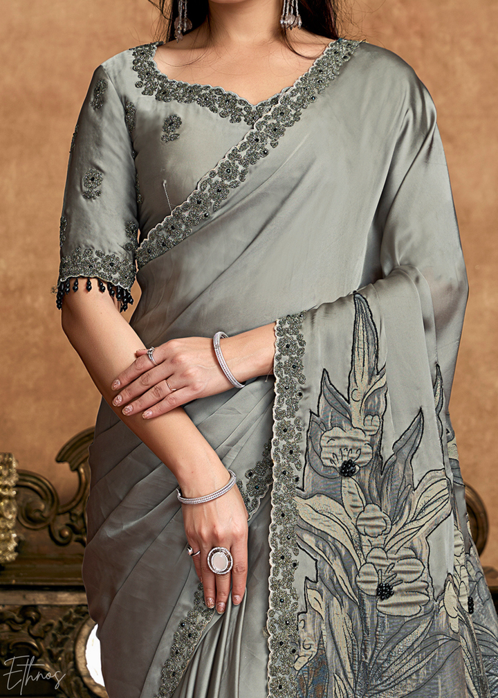 Charcoal Grey Sequin Embroidered Satin Silk  Saree