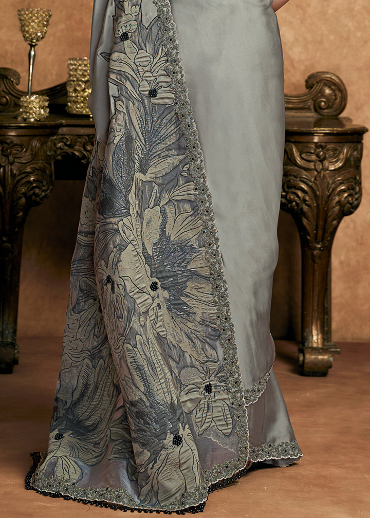 Charcoal Grey Sequin Embroidered Satin Silk  Saree
