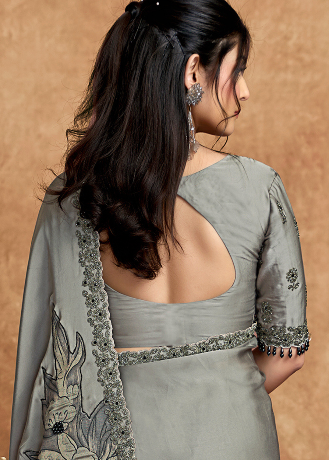 Charcoal Grey Sequin Embroidered Satin Silk  Saree