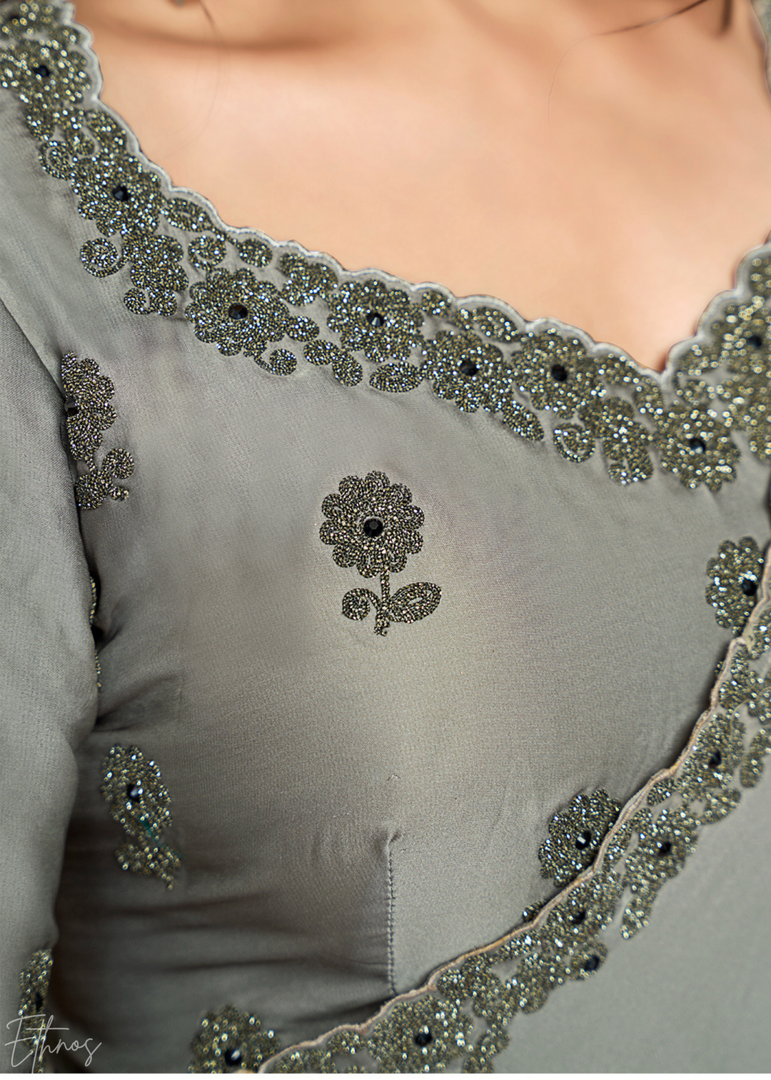 Charcoal Grey Sequin Embroidered Satin Silk  Saree