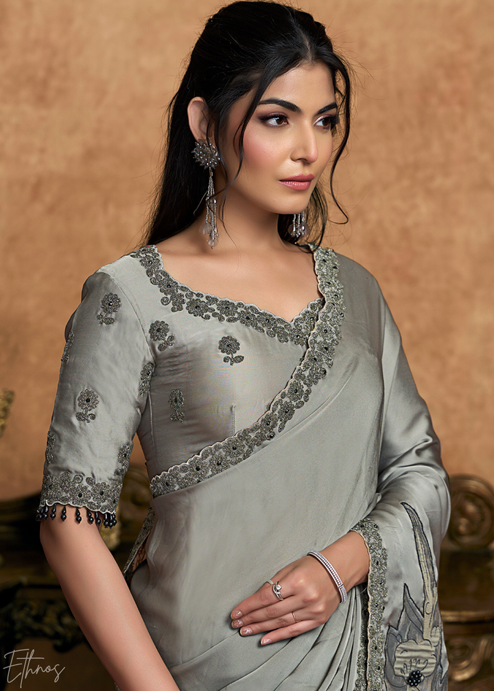 Charcoal Grey Sequin Embroidered Satin Silk  Saree