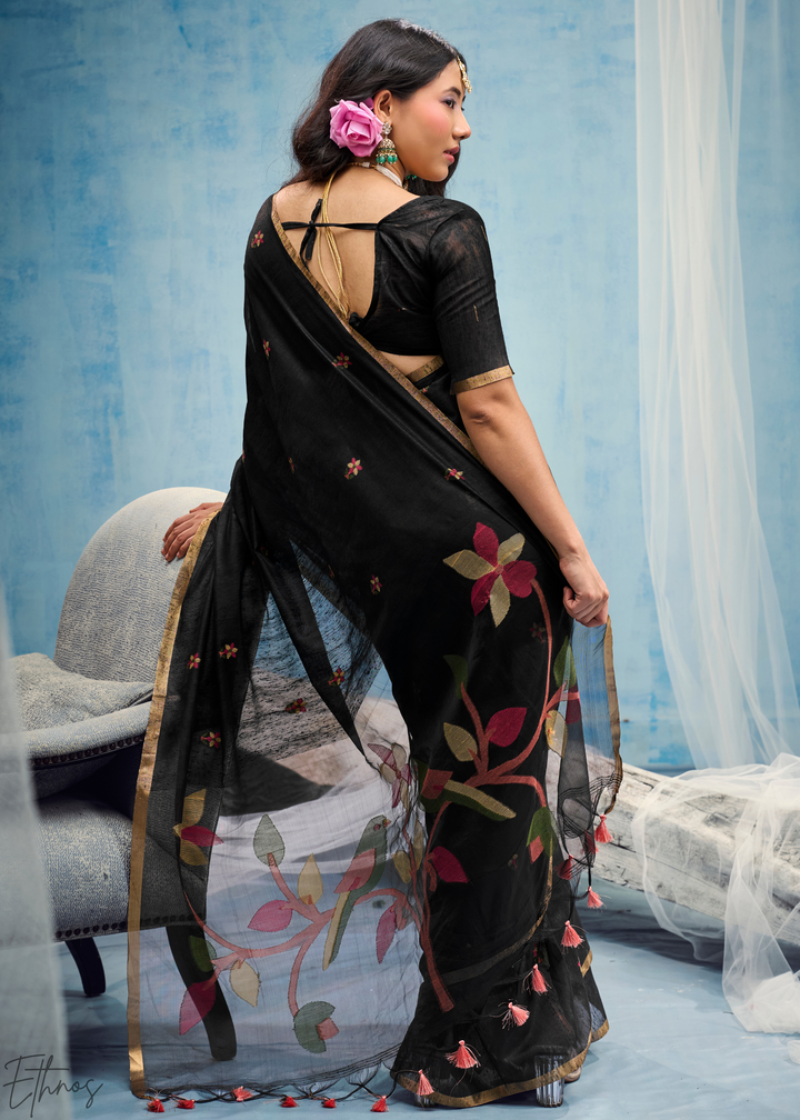 Charcoal Obsidian Artisanal Weave Munga Cotton Saree