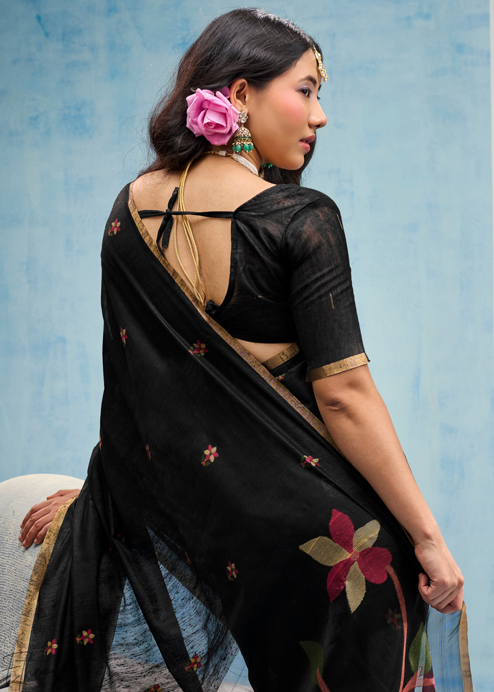 Charcoal Obsidian Artisanal Weave Munga Cotton Saree